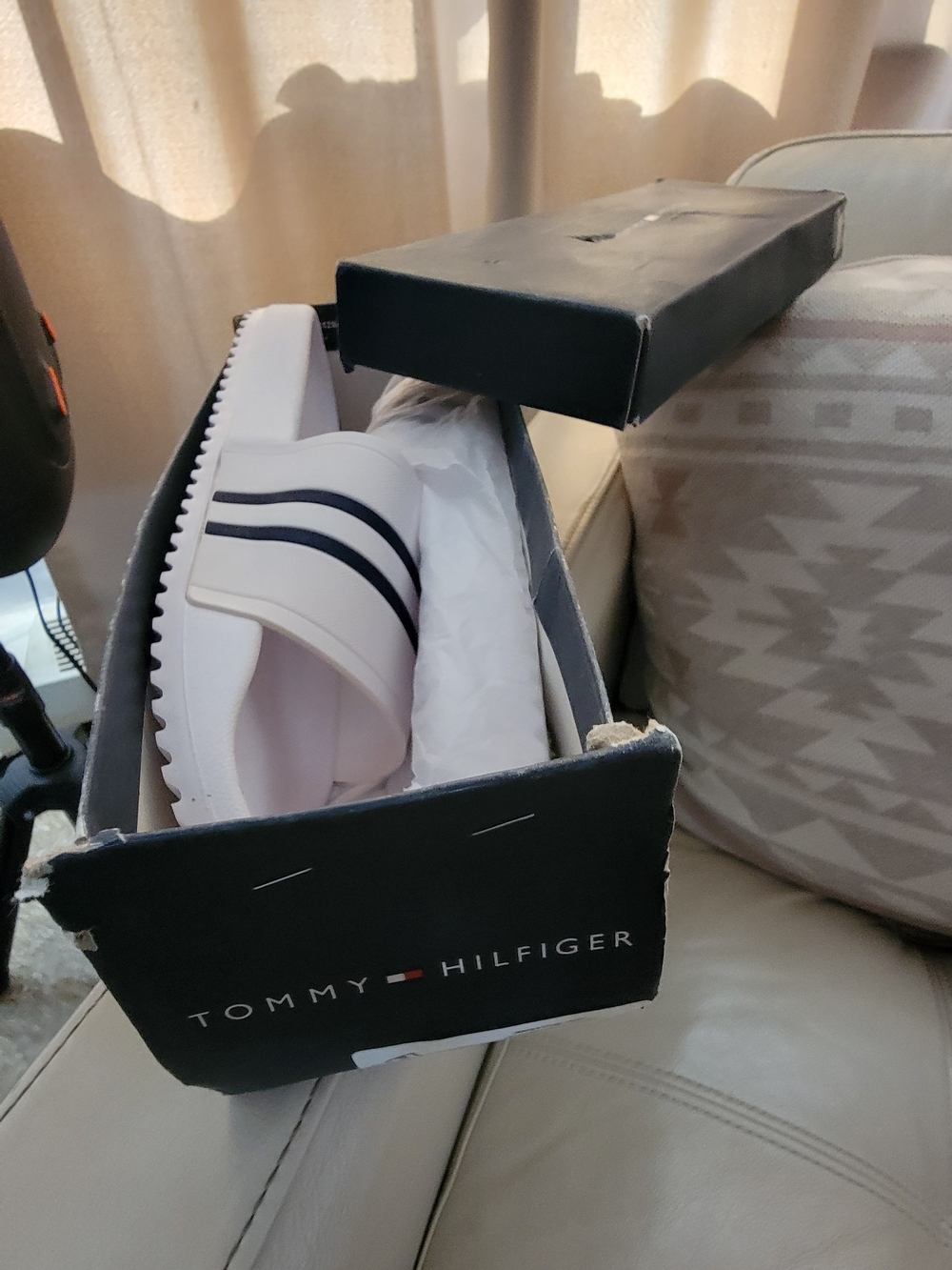 Tommy Hilfiger White Slide Sandals with Navy Stripes and Ridged Sole